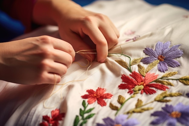 Kobieta haftująca kwiatowy wzór